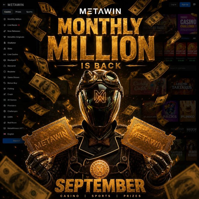 A MetaWin promotional graphic featuring a black-and-gold suited figure holding golden "MetaWin" tickets, with bold text announcing the "Monthly Million" giveaway for September across Casino, Sports, and Prizes. The image directly supports the announcement of MetaWin's $1M player giveaway by visually emphasizing the prize theme.