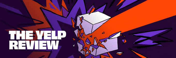 A graphic with a shattering white cube on a purple and orange burst background, with the bold text 'THE YELP REVIEW'.