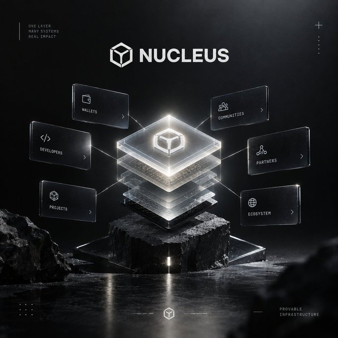 A dark promotional graphic for 'NUCLEUS' displaying the text 'ONE LAYER MANY SYSTEMS REAL IMPACT' and 'PROVABLE INFRASTRUCTURE', featuring floating menu panels labeled 'WALLETS', 'DEVELOPERS', 'PROJECTS', 'COMMUNITIES', 'PARTNERS', and 'ECOSYSTEM' around a central glowing cube.