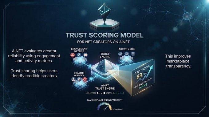A diagram explaining the 'TRUST SCORING MODEL FOR NFT CREATORS ON AINFT', detailing metrics like engagement, activity log, creator history, and a trust score of 88/100.
