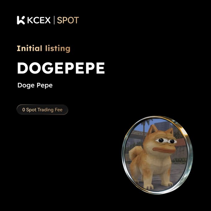 A dark-themed cryptocurrency listing announcement on KCEX Spot for an 'Initial listing' of 'DOGEPEPE (Doge Pepe)' with 0 Spot Trading Fee, featuring a circular coin logo with an orange cartoon dog character.