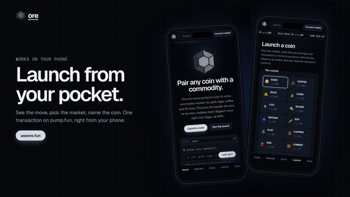 A sleek dark-themed promotional graphic for "ore" featuring the headline "Launch from your pocket" and two smartphone mockups displaying a crypto token market with various commodities (GOLD, EGGS, COFFEE, LITHIUM, SUGAR, NATGAS, SAY, PEAT, COPPER, GAS, LUMBER), illustrating the mobile app's ability to launch meme tokens like Ouro, Libre, and Copp on pumpfun directly from the device—aligning with the idea of launching commodity-themed memecoins on the go.