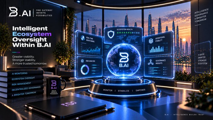 A futuristic promotional graphic for 'B.AI' featuring the tagline 'ONE GATEWAY INFINITE POSSIBILITIES' and 'Intelligent Ecosystem Oversight Within B.AI', with a glowing blue globe displaying metrics like 'ECOSYSTEM HEALTH', 'REAL-TIME MONITORING', and 'OPERATIONAL STABILITY'.