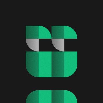 A minimalist geometric logo composed of green and gray curved shapes on a black background, with a mirrored reflection beneath it.