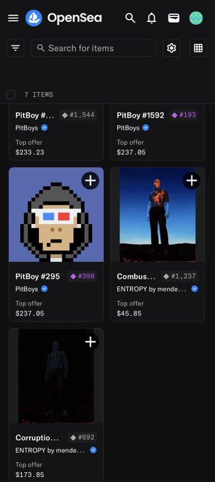 A mobile screenshot of the OpenSea NFT marketplace displaying 7 items for sale, including multiple PitBoy collections and Combus... items from the ENTROPY collection.
