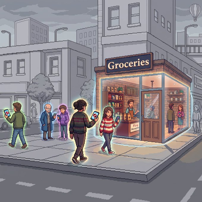 An illustrated city scene showing people using their phones to access a glowing grocery store with 'Groceries' signage.