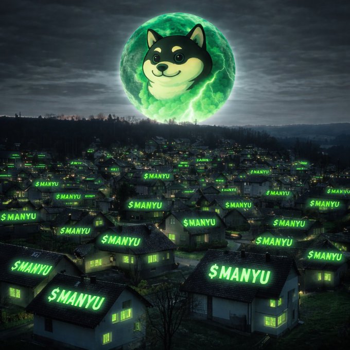 A surreal meme-style image showing a Shiba Inu dog head superimposed on a green glowing moon over a suburban neighborhood at night, with the text '$MANYU' displayed in glowing green on multiple rooftops, referencing the MANYU meme coin.