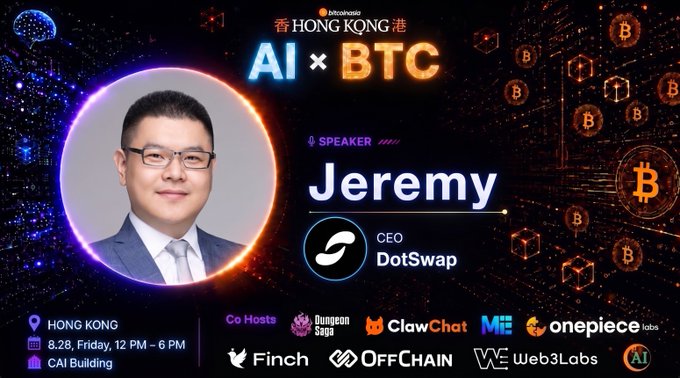 Event flyer for the "AI x BTC" Hong Kong meetup on August 28 (12 PM–6 PM) at CAI Building, featuring speaker Jeremy, CEO of DotSwap, with co-hosts including ClawChat, Finch, OFFCHAIN, and Web3Labs.