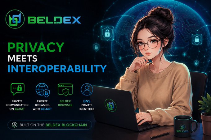 A promotional graphic for BELDEX featuring a woman with glasses at a laptop, advertising 'PRIVACY MEETS INTEROPERABILITY' with icons for private communication, browsing, browser, and BNS private identities, built on the Beldex blockchain.