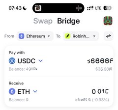 A smartphone screenshot of the Zerion wallet app showing a "Bridge" transaction tab, where 4866 USDC (~$0.8K) is being bridged from Ethereum to Robinhood Chain in exchange for approximately 0.01 ETH, with a displayed gas fee of ~$0.08. The image illustrates the smooth, low-cost USDC bridging process from Ethereum to Robinhood Chain described in the post.