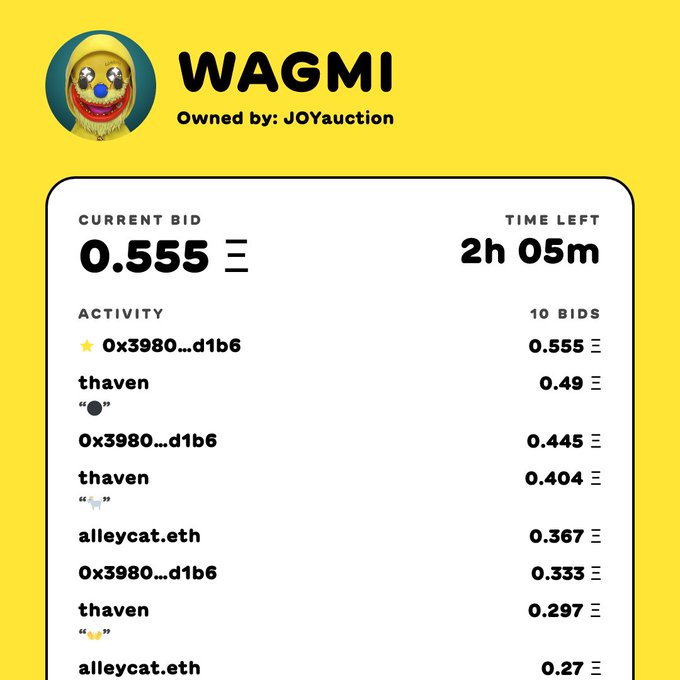 A digital auction interface displays a 'WAGMI' item with a current bid of 0.555 ETH and 2h 05m left, showing bid activity from users like thaven and alleycat.eth.