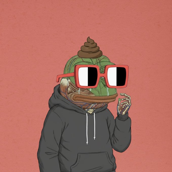 A cartoon illustration shows a figure wearing a Pepe the Frog mask topped with a swirl of poop, red shutter-shade sunglasses, and a black hoodie, with one hand raised. The image visually embodies the post's cheeky reference to traveling around "pooing on people's heads" as part of the Anatomy of Ape NFT collection promotion.