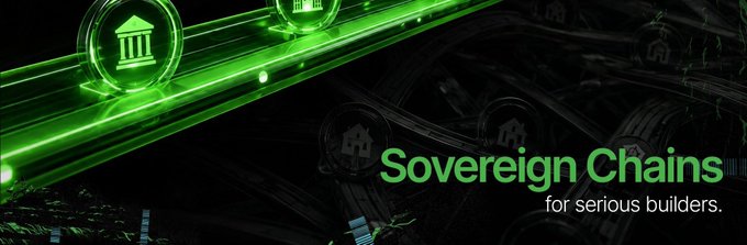 A promotional banner for 'Sovereign Chains' with the tagline 'for serious builders,' featuring green illuminated building icons on a circuit-board style background.