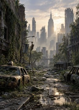 A post-apocalyptic cityscape shows abandoned cars and crumbling buildings overtaken by vegetation, with skyscrapers looming through the mist. The image humorously plays on the caption's suggestion that someone joining the "global elite" might actually lead to civilizational collapse rather than prosperity.