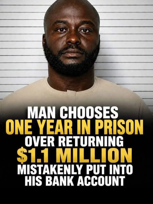 A mugshot-style image shows a man against a height chart background, with overlaid text reading: "MAN CHOOSES ONE YEAR IN PRISON OVER RETURNING $1.1 MILLION MISTAKENLY PUT INTO HIS BANK ACCOUNT." The image relates to the post by illustrating a real-life case (reportedly involving a man in Pennsylvania) where someone chose incarceration rather than repay an erroneous deposit, challenging the post's claim that 99% of people would return the money.
