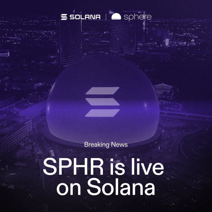 A purple-tinted promotional graphic featuring the Sphere venue in Las Vegas at night, displaying the Solana and Sphere logos at the top, with the Solana emblem prominently overlaid on the dome. The bold text announces "Breaking News: SPHR is live on Solana," announcing the launch of Sphere Entertainment's token on the Solana blockchain via Sunrise.