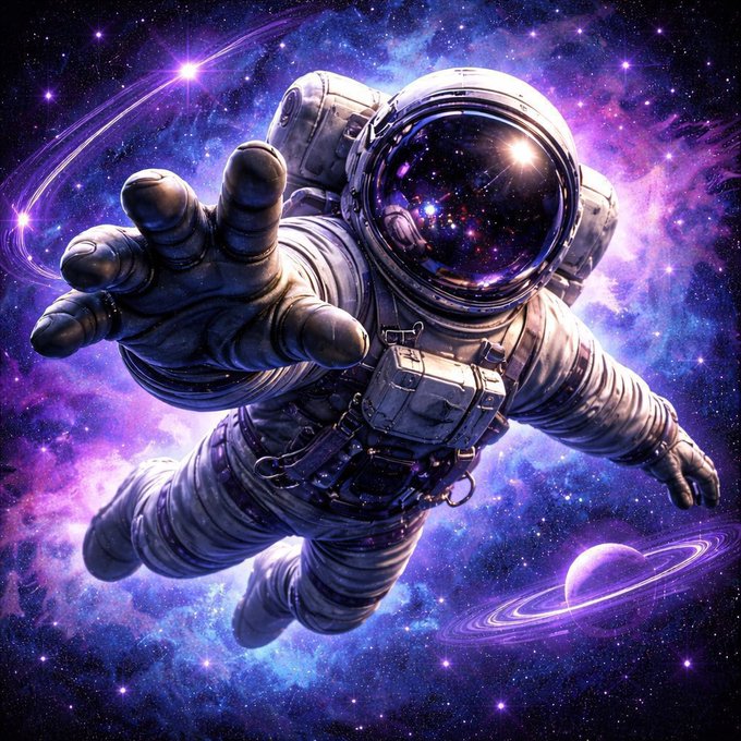 A vibrant digital artwork of an astronaut floating through a purple and blue cosmic space scene with stars, nebulae, and a ringed planet.