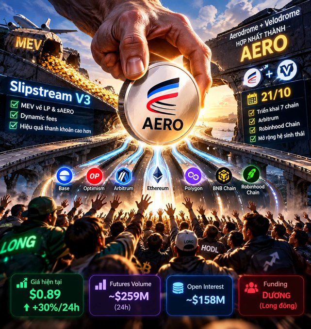 A promotional graphic for the AERO cryptocurrency (Aerodrome + Velodrome) showing a hand holding the token logo, with details including 'Slipstream V3', a current price of $0.89 (+30%/24h), futures volume of ~$259M, and a launch date of 21/10.