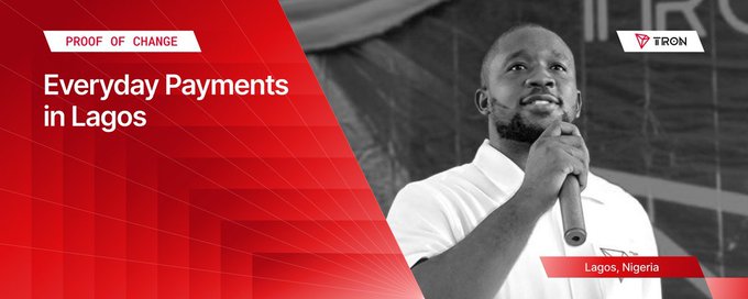 A man in a white shirt holds a microphone while speaking at an event in Lagos, Nigeria, with text overlays reading "PROOF OF CHANGE," "Everyday Payments in Lagos," "TRON," and "Lagos, Nigeria," illustrating the real-world adoption of USDT on the TRON network for daily transactions like groceries, meals, and freelance payments as featured in Gordian Hogan's story.