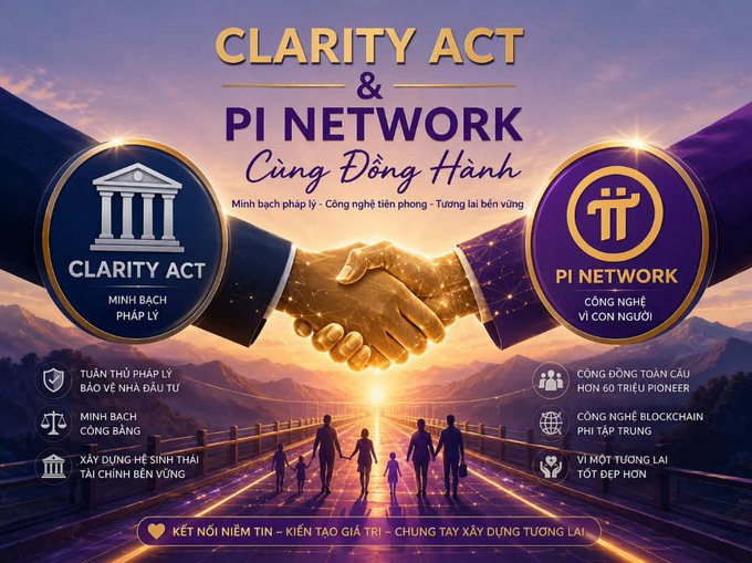 A promotional graphic featuring a golden handshake between the "Clarity Act" emblem (representing U.S. legal transparency) and the "Pi Network" emblem (symbolizing blockchain and human-centered technology), with silhouettes of a family walking toward a glowing horizon. The Vietnamese text frames the two as "companions on the same path," highlighting themes of legal clarity, ecosystem building, and shared future vision—mirroring the post's speculation about whether Pi Network's upcoming protocol upgrade is intentionally aligned with Trump's revived Clarity Act negotiations.