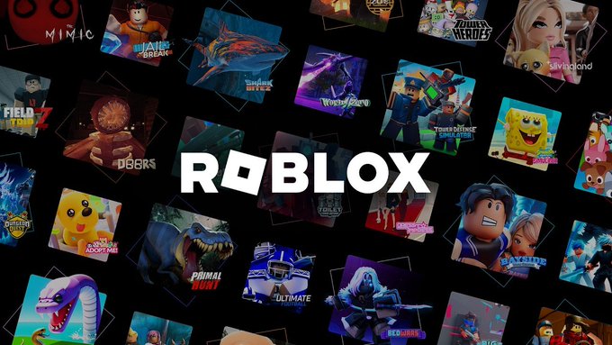 The image features a large grid of small square images depicting various characters from different video games. The main focus of the image is the word "ROBBLOX" written in white letters at the top center, surrounded by these game-related images. The text also includes some numbers and symbols related to the gaming industry or economy.