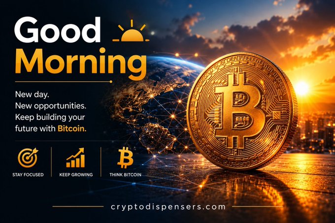 A promotional graphic reading "Good Morning" with motivational text "New day. New opportunities. Keep building your future with Bitcoin," featuring a large golden Bitcoin coin against a sunrise over Earth and cityscape, from cryptodispensers.com.