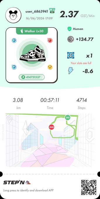 The image shows a screenshot of an app called "StepN", which appears to be a fitness tracking application. The app displays a map with a route, indicating that it tracks steps taken during walks or runs. There are also icons representing different activities such as walking and running on the map. The post mentions that the app is long-lasting and offers a free download, suggesting that users can enjoy its features for an extended period of time without incurring any cost.