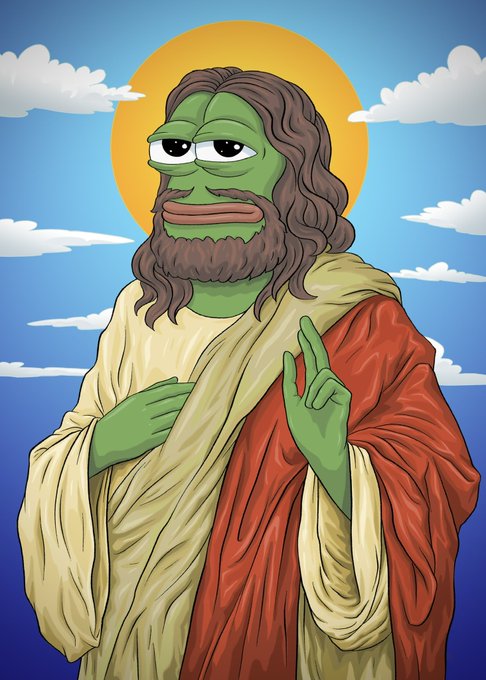 A cartoon-style illustration of a green, Pepe-like figure with long brown hair and a beard, wearing a red and cream robe and posing in front of a halo against a blue sky background.