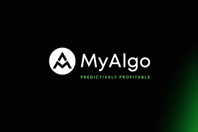 The image displays the MyAlgo logo, featuring a stylized mountain-like icon in a white circle next to the brand name "MyAlgo" with the tagline "PREDICTIVELY PROFITABLE" in green, set against a black background with a subtle green gradient. The branding aligns with the post's discussion of MyAlgo's comprehensive trading system that integrates multiple indicators, backtesting, and automated execution capabilities.