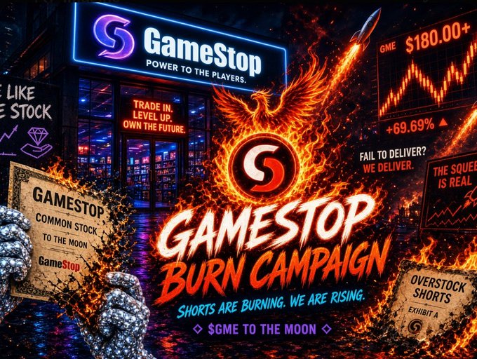 A vibrant promotional graphic titled 'GAMESTOP BURN CAMPAIGN' showing the GameStop storefront engulfed in flames, with stock price graphics showing '$180.00+', '+69.69%', and slogans like 'SHORTS ARE BURNING. WE ARE RISING.'