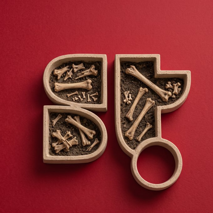 3D rendering of the letters 'SF' filled with sand and small animal bones, set against a solid red background.