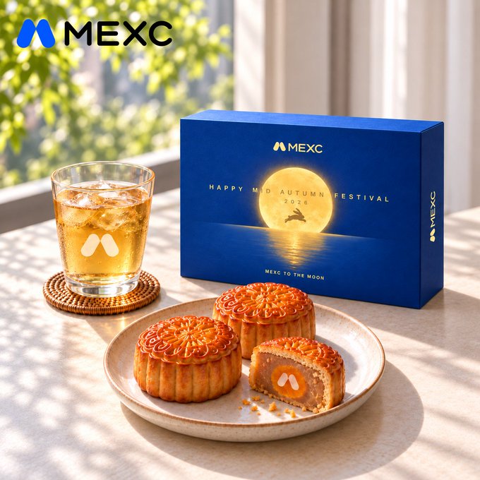 A MEXC 'Happy Mid-Autumn Festival 2026' mooncake gift box advertisement, showing traditional mooncakes (one with an M logo) on a plate next to a glass with the MEXC logo.