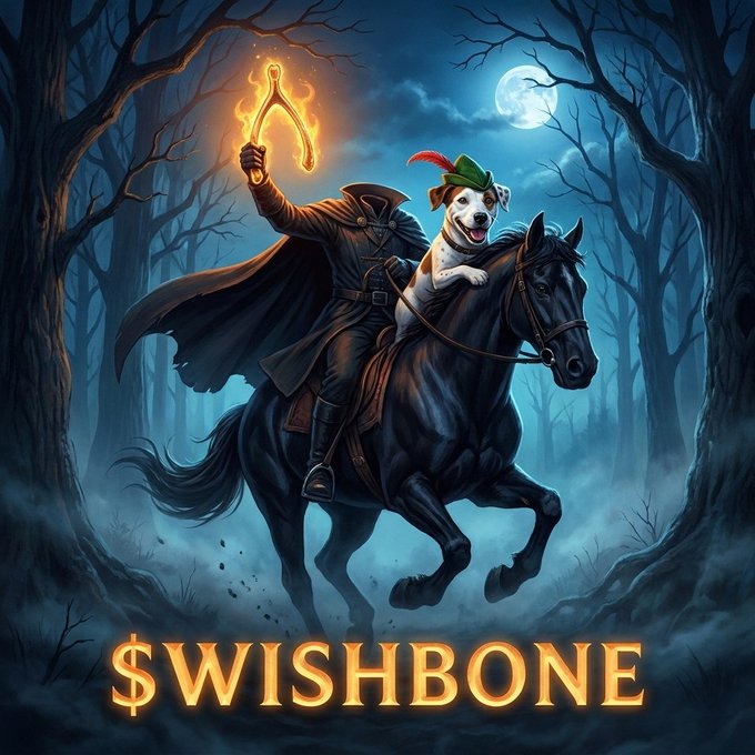 A fantasy digital artwork showing a masked rider on a black horse holding a glowing wishbone, with a small dog wearing a green hat beside them, captioned "$WISHBONE".
