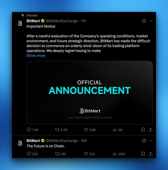 The image shows a pinned tweet from BitMart (@BitMartExchange) announcing the orderly wind-down of its trading platform, followed by a second tweet posted one hour earlier stating "The Future is on Chain."—highlighting the absurd irony of a crypto exchange touting its future on-chain presence right before shutting down operations.