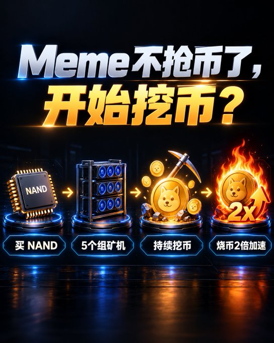 Crypto promotional graphic with text 'Meme不抢币了，开始挖币?' featuring illustrations of a NAND chip, mining rigs, Dogecoin mining, and burning coins.