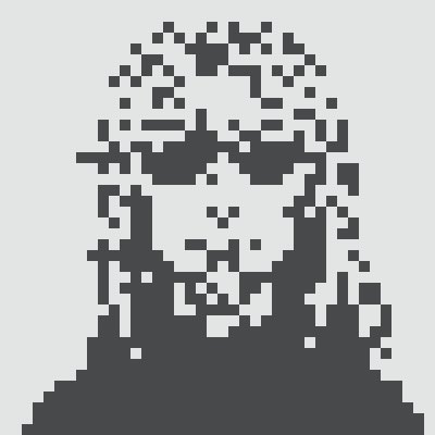 A pixel art portrait of a hooded figure with glowing eyes rendered in black and white, displayed against a light gray background.