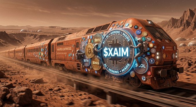 The image features an orange train traveling through a desert-like landscape with a backdrop of mountains. The train is adorned with various symbols, including those related to cryptocurrency and space exploration. A large number "XAI" can be seen on the side of the train, while the term "BTC" is also present in the image. A website named "xaim" is located just beneath the train's body, which could indicate that this is an advertisement for a token or an event related to space exploration and cryptocurrency.