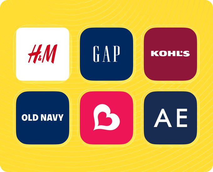 A grid of six shopping app icons on a yellow background: H&M, GAP, KOHL'S, OLD NAVY, a heart 'B' logo, and AE.