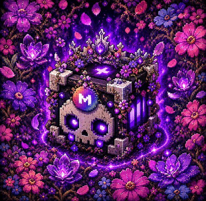 The image features a digital art piece with a skull, surrounded by flowers and plants. There are two paths depicted within the scene - one leads to burning the skull, while the other path leads to burning a metal blockage. The skull is located in the center of the image, with its eyes glowing purple. The background consists of various flowers and plants, creating an enchanting atmosphere. The post suggests that there are two options for obtaining a single metal blockage: either burn the skull or burn a metal blockage.