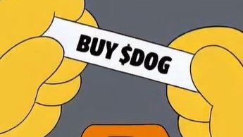 The image shows two cartoonish yellow hands tearing a white paper slip that reads "BUY $DOG" in bold black letters, visually reinforcing the accompanying post's directive to "buy $DOG" by depicting the command being ripped into view.
