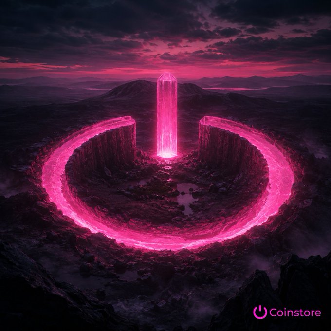 A glowing pink crystal monolith rises from a volcanic crater, encircled by a ring of radiant magenta energy, symbolizing a powerful rebirth against the dark, stormy landscape. The "Coinstore" logo appears in the bottom right, reinforcing the post's message that embracing a fresh start transforms even the bleakest surroundings into the launchpad for a new journey.