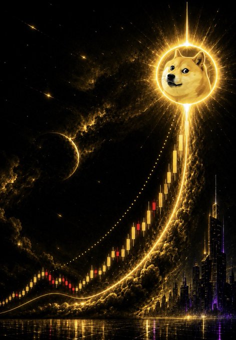 A stylized Dogecoin mascot floats as a glowing sun above a dramatic candlestick chart rising toward the stars, alongside a SpaceX-style rocket on a launchpad. The image visually reinforces the post's claim about Elon Musk planning to launch Dogecoin into space via SpaceX, with the ascending chart symbolizing the cryptocurrency's anticipated moonshot trajectory.