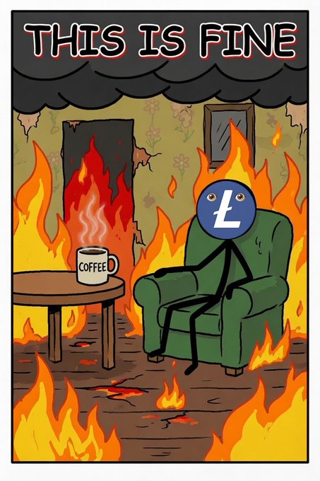 The image features a cartoon depiction of a man sitting in a green chair with his head stuck in a coffee cup that says "coffee" on it, surrounded by flames. The scene takes place inside a burning house or room, which adds an element of danger and urgency to the situation. The caption above the illustration reads "This is fine", suggesting that despite the chaos around them, they are still content with their current circumstances.