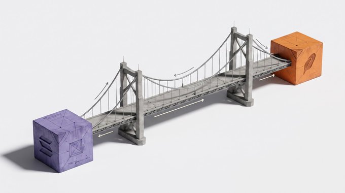 A 3D illustration shows a gray suspension bridge connecting a purple cube on one side to an orange cube on the other, both featuring geometric line patterns.