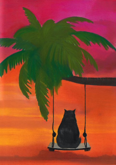 A painted artwork depicting a black cat sitting on a wooden swing hanging from a palm tree, set against a vibrant pink and orange sunset sky.