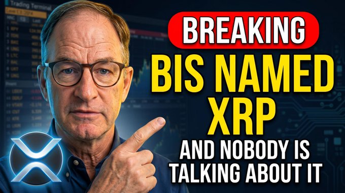 A YouTube thumbnail with a man pointing at text reading "BREAKING BIS NAMED XRP AND NOBODY IS TALKING ABOUT IT" with the XRP logo and a crypto trading terminal background.