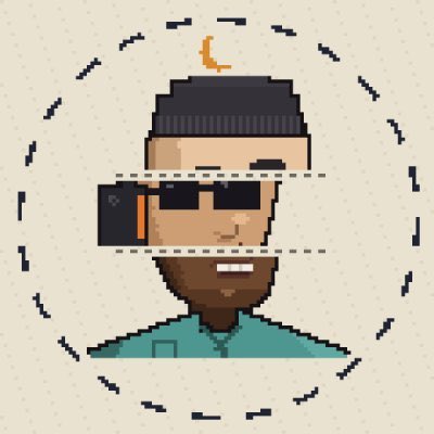 A pixel art portrait of a bearded man wearing sunglasses and a beanie inside a dashed circular frame. The stylized image serves as the giveaway host's avatar for a flash 25 GTD giveaway tied to the @PIECEWORKNFT mint on July 3.