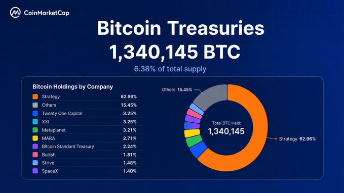 This CoinMarketCap graphic shows that public companies hold 1,340,145 Bitcoin, with "Strategy" accounting for 62.96% of those holdings, aligning with the post's discussion of differing corporate treasury strategies.