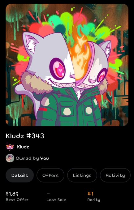 An NFT listing on a marketplace showing a digital artwork titled 'Kludz #343' featuring a cartoonish creature with a flaming head, priced at $1.89 Best Offer.