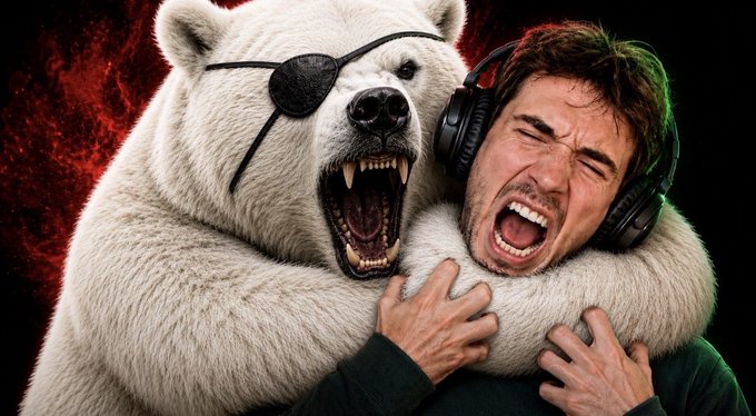 A dramatic, AI-generated style image of a man wearing headphones screaming in fear as a roaring polar bear with an eye patch bites and embraces him.